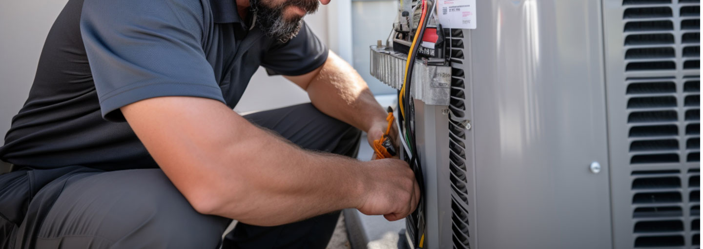 Man repairing an air conditioning unit, focused on fixing the components